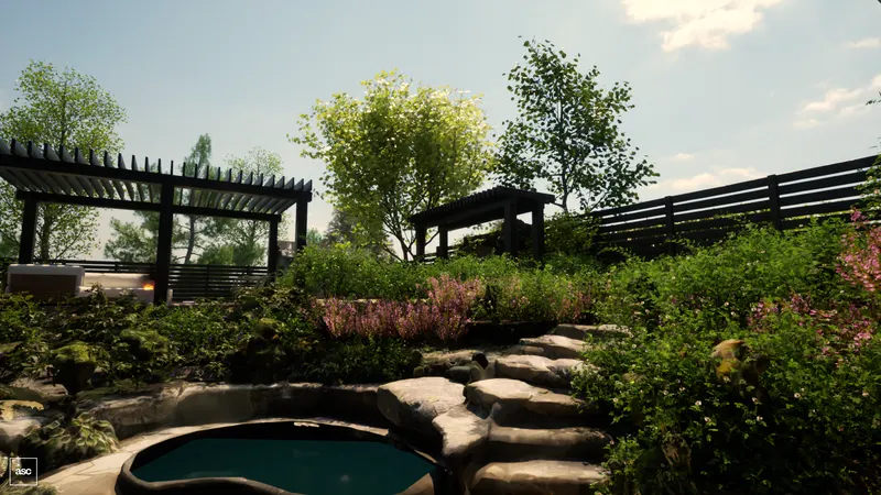 Small plunge pool below stone garden steps, dense planting and a timber pergola.