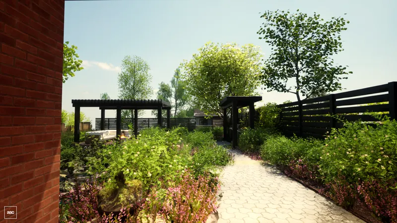 Stone path through flowering planting toward a shaded garden seating area.