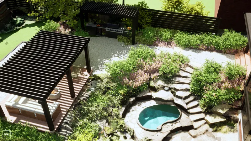 Overhead view of the plunge pool, curved stone steps and pergola-covered seating.