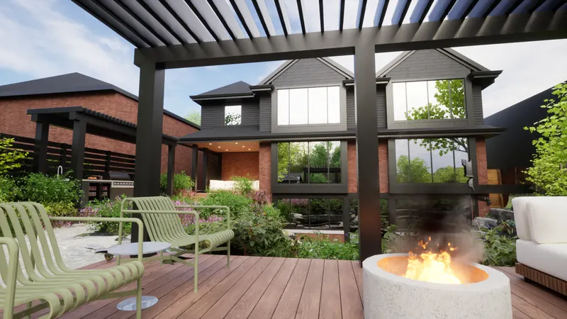 Garden-facing house seen from a timber pergola with green chairs and a fire bowl.