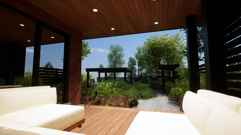 Covered timber terrace with white sofas looking toward planted garden paths.