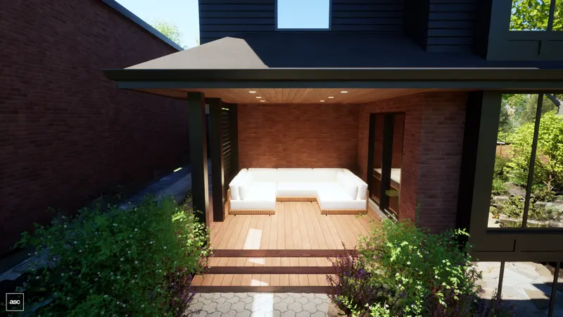 Timber steps rising to a sheltered seating alcove against a red brick wall.