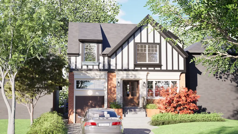 Etobicoke Tudor — street view under the trees.
