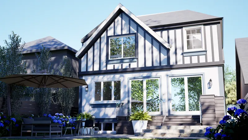 Etobicoke Tudor — rear elevation with terrace. Rendering by ASC Studio.