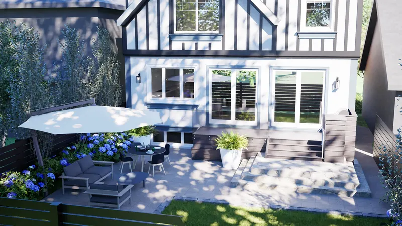 Etobicoke Tudor — rear terrace and dining.