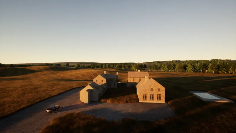 Aerial siting study of stone farm buildings around a courtyard in evening light.