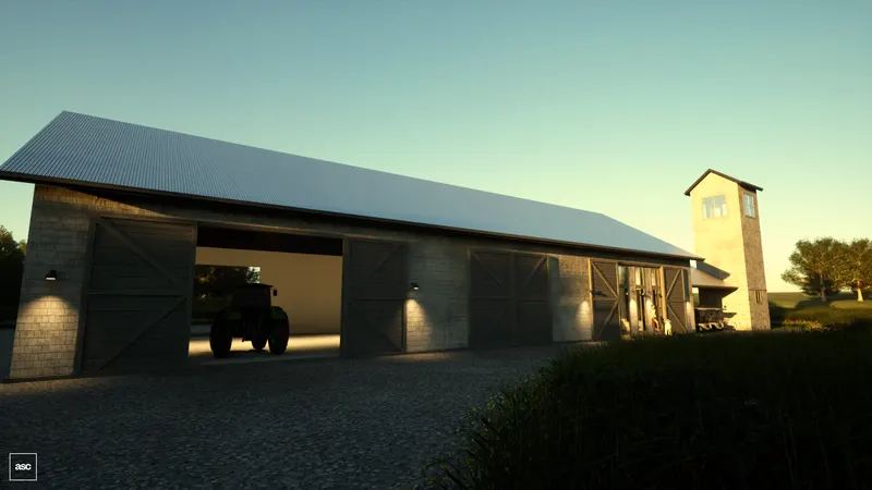 Long shingled drive shed with sliding timber doors and a tractor bay.