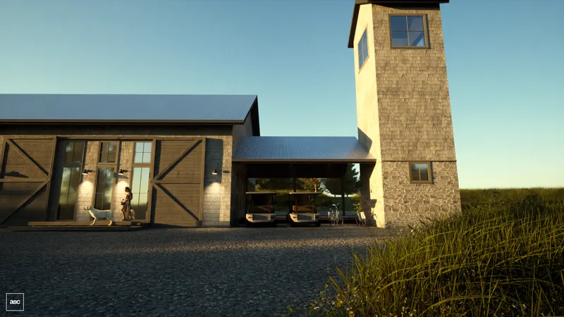 Glazed shed doors and a stone-based tower in evening light.