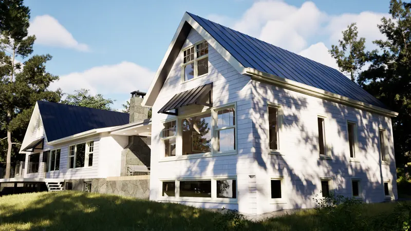 Georgian Bay Cottage — gable end at the corner. Rendering by ASC Studio.