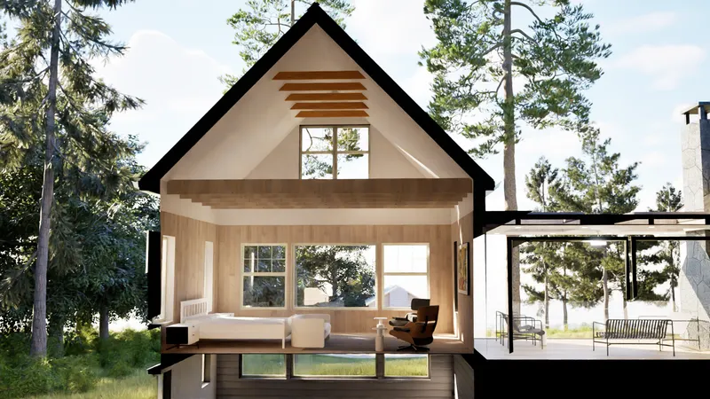 Georgian Bay Cottage — sectional perspective through the main volume showing wood-lined interiors. Rendering by ASC Studio.
