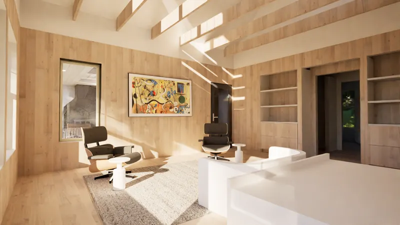 Georgian Bay Cottage — living room with timber ceiling and art wall. Rendering by ASC Studio.