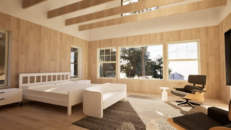 Georgian Bay Cottage — bedroom with timber ceiling. Rendering by ASC Studio.
