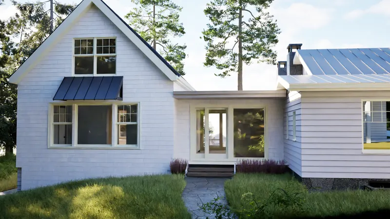 Georgian Bay Cottage — entry court between the two volumes. Rendering by ASC Studio.