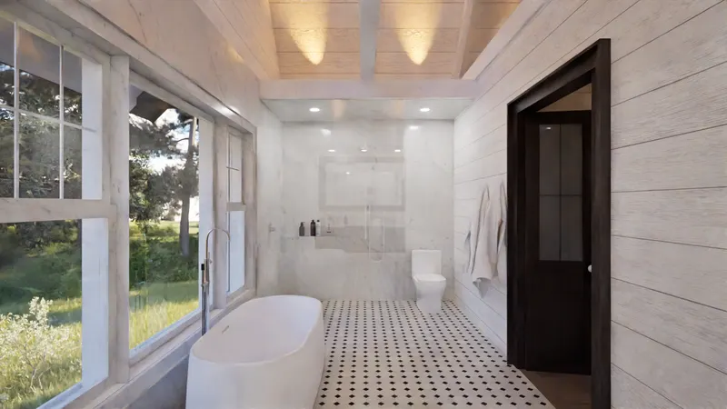 Georgian Bay Cottage — primary bathroom with freestanding tub. Rendering by ASC Studio.
