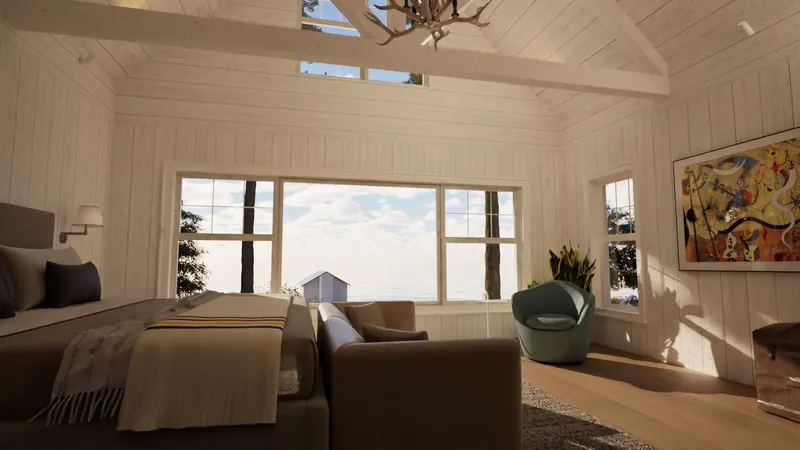 Georgian Bay Cottage — bedroom with vaulted ceiling. Rendering by ASC Studio.