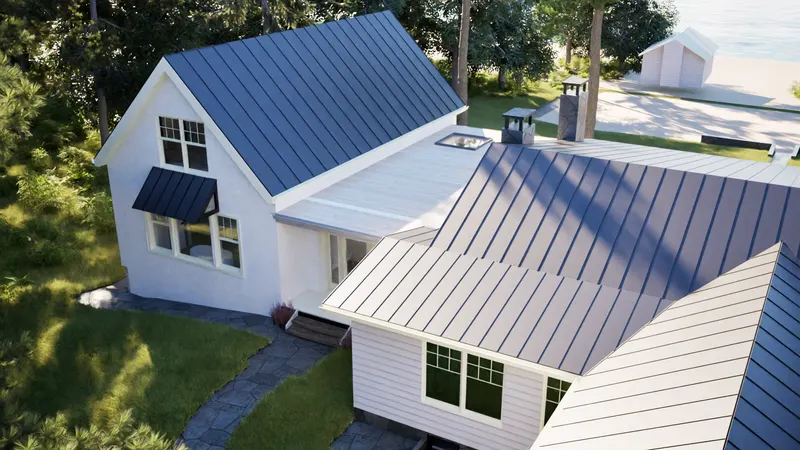Georgian Bay Cottage — aerial view of the roofs. Rendering by ASC Studio.