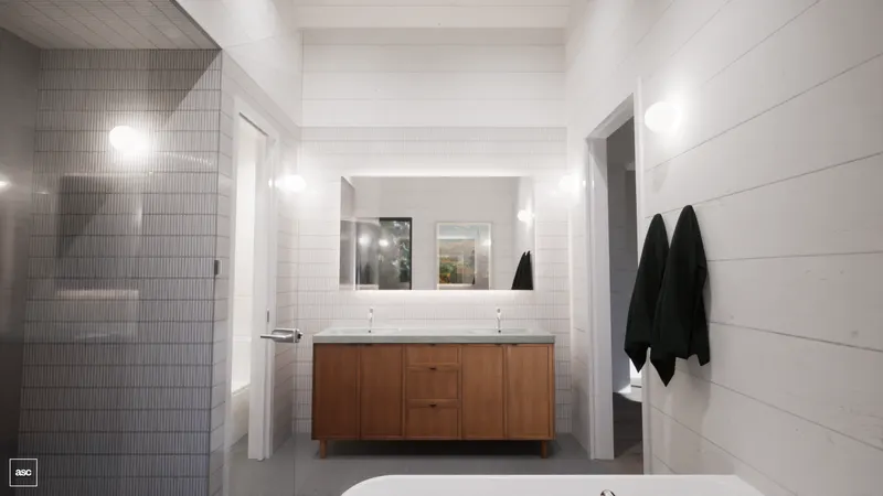 Timber bathroom vanity beside a glass shower and white-panelled walls.