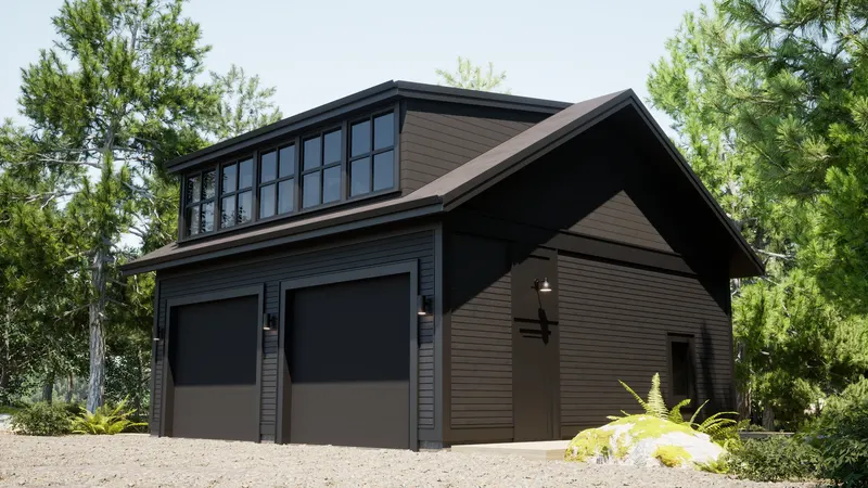 Black-clad coach house with two garage doors and a broad glazed dormer.