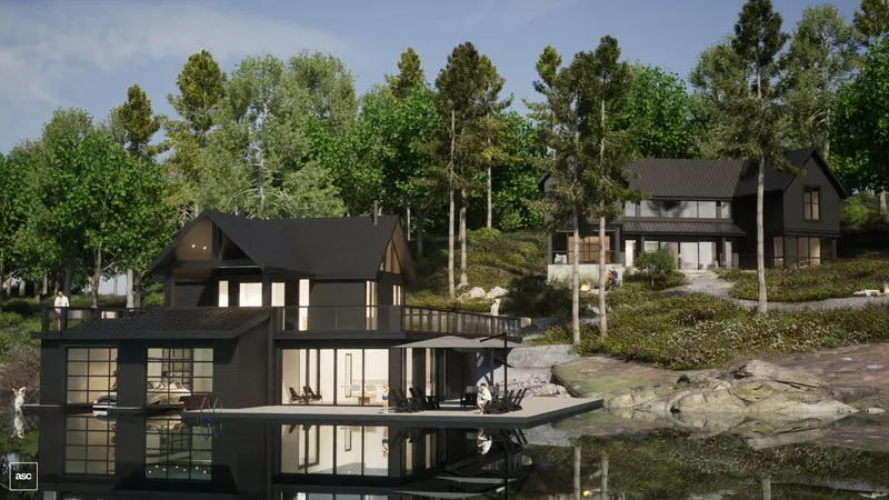 Dark cottage and boathouse among pines on a rocky lakeshore.