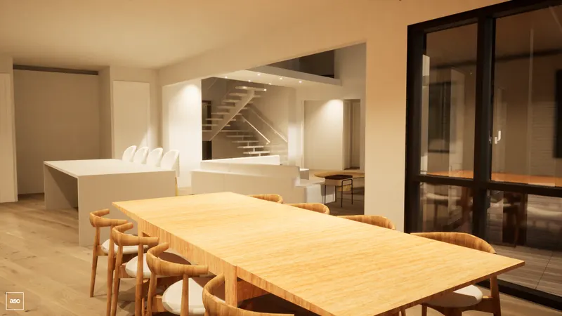 Timber dining table beside sliding doors, with a white island and open stair beyond.