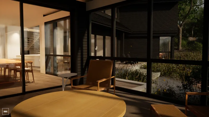 Screened sitting porch beside glazed dining-room doors in warm evening light.