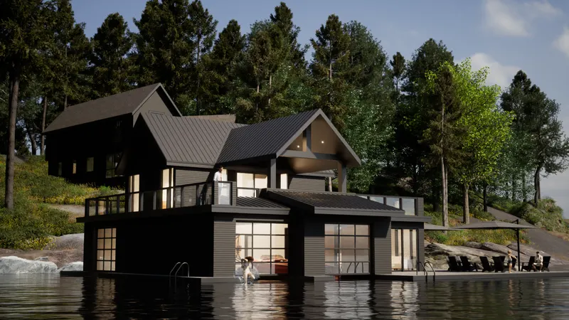 Dark boathouse with glazed boat doors, a roof terrace and a gabled upper room.