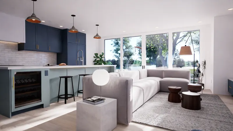 Islington Village House — kitchen and living room. Rendering by ASC Studio.