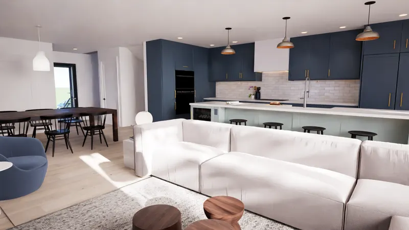 Islington Village House — living and dining. Rendering by ASC Studio.