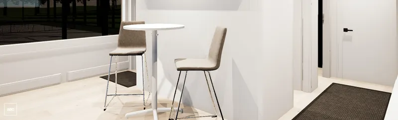 Upholstered stools and a round high table beside lounge windows and white-panelled doors.
