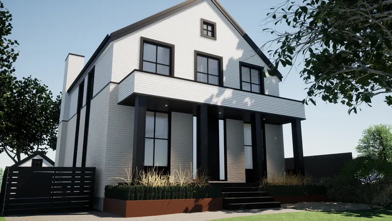 White gabled house with a dark-columned porch and planted entry steps.