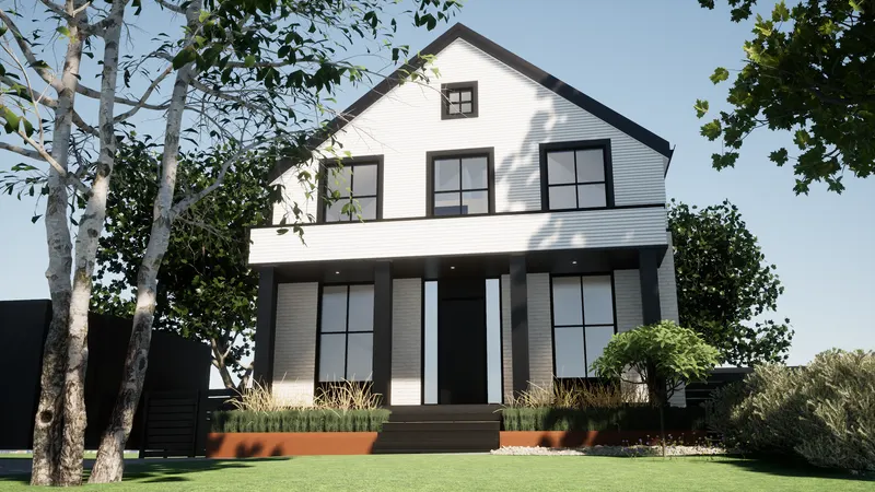 Front gable and black-framed windows behind birch trees and low planters.