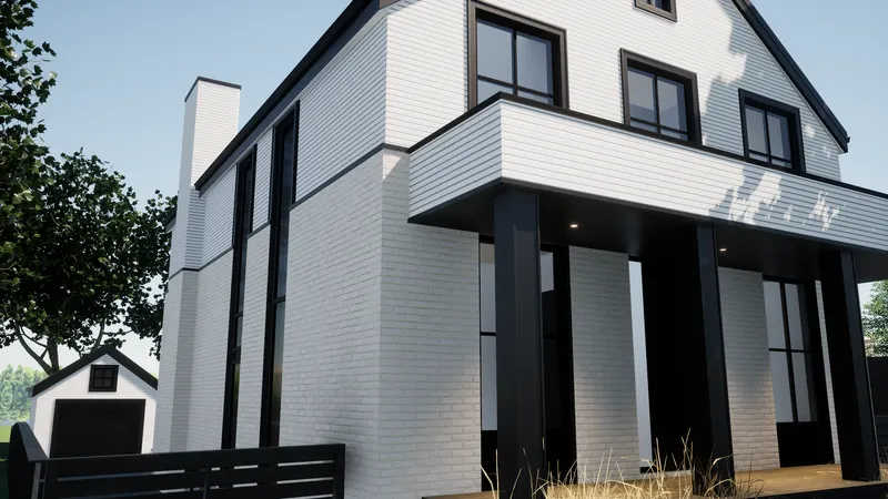 White brick and horizontal siding above dark porch columns beside a detached garage.