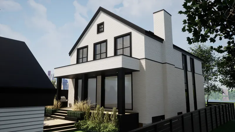 Rear porch and white brick side wall beside a dark fence and detached garage.