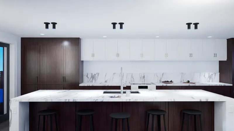 Oakville Residence — kitchen with marble island. Rendering by ASC Studio.