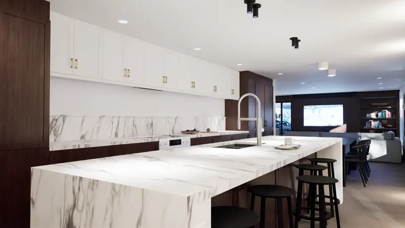 Oakville Residence — waterfall island. Rendering by ASC Studio.