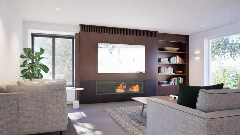 Oakville Residence — living room with fireplace wall. Rendering by ASC Studio.