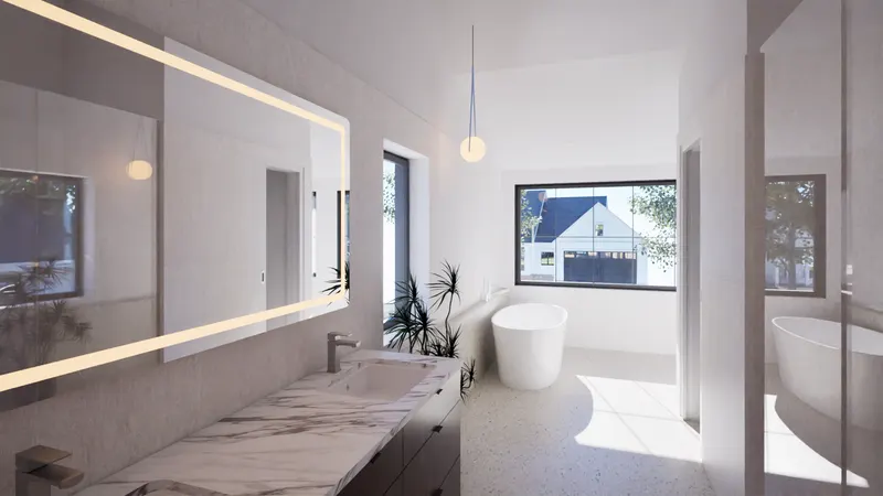 Oakville Residence — primary ensuite. Rendering by ASC Studio.