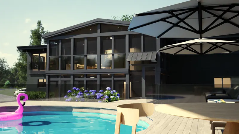 Dark screened guest house beside a pool, timber deck and broad parasol.