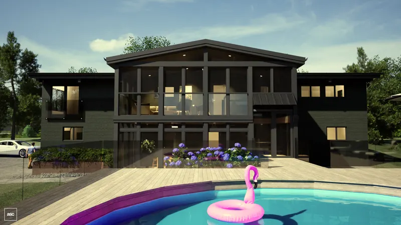 Pool deck facing the guest house with screened porches and a broad gable.