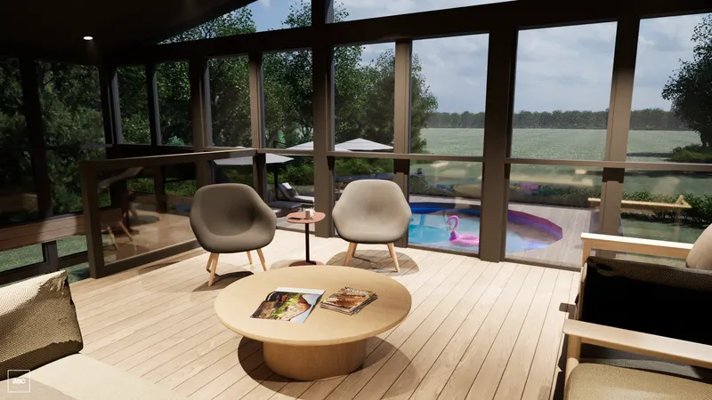 Sitting area on an upper screened porch overlooking the pool and fields.
