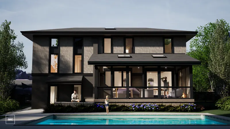 Low-roofed house with a broad screened porch facing the swimming pool.