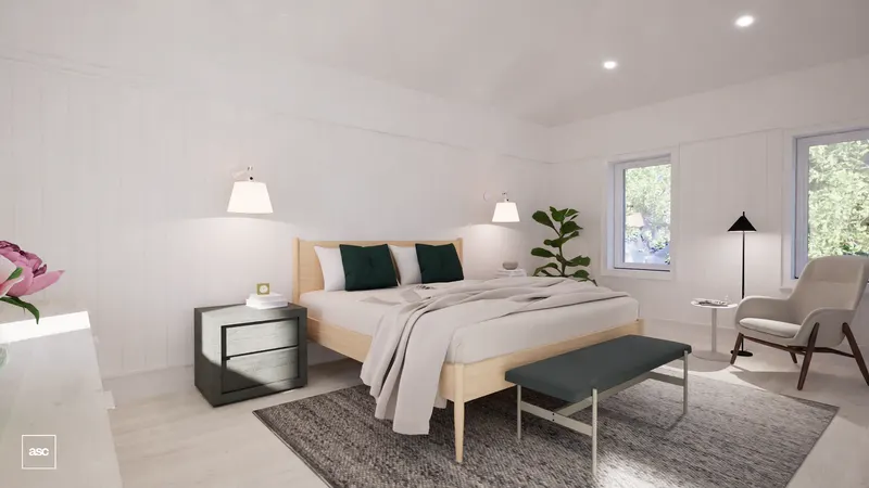 White-panelled bedroom with a timber bed and green cushions.