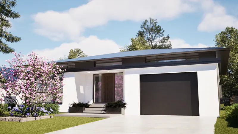 Low white house with a broad roof, recessed entrance and flowering magnolia.