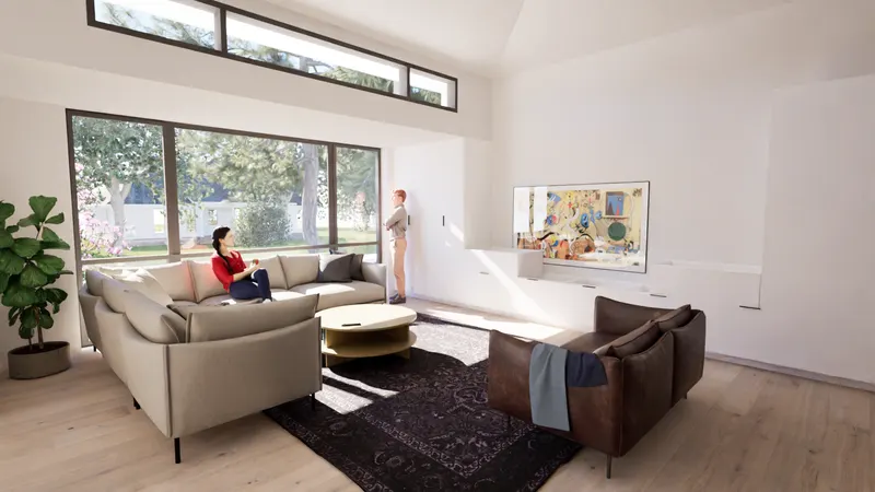 Beige fabric sectional and a brown leather sofa beneath a high window and pitched ceiling.
