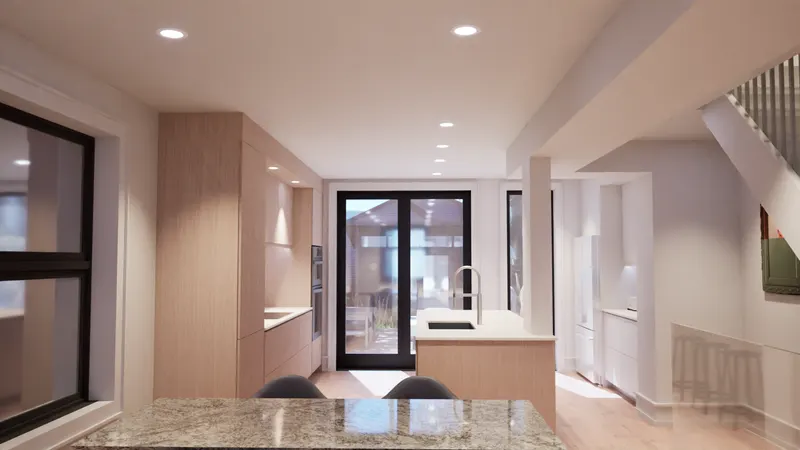 Long kitchen with pale timber cabinetry, a timber-clad island with a pale top and glazed garden doors.
