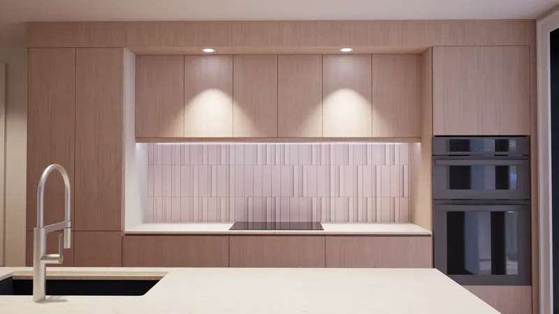 Cooktop wall with timber cabinetry, blush tile and a pale stone counter.