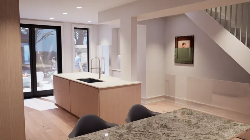 Timber-clad kitchen island beside a stair and glazed garden doors.