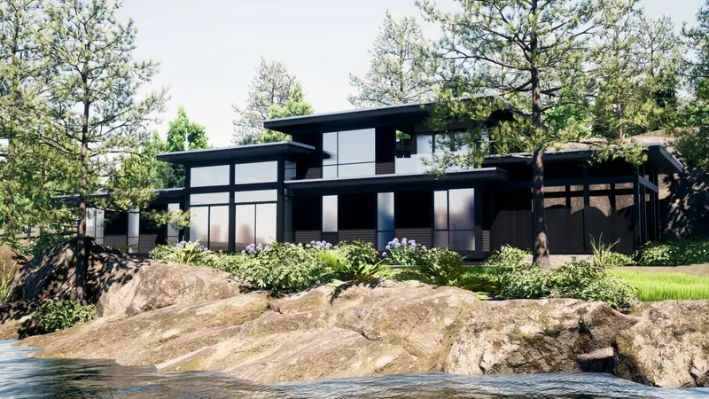 Long dark house with stepped roofs above a rocky shoreline.