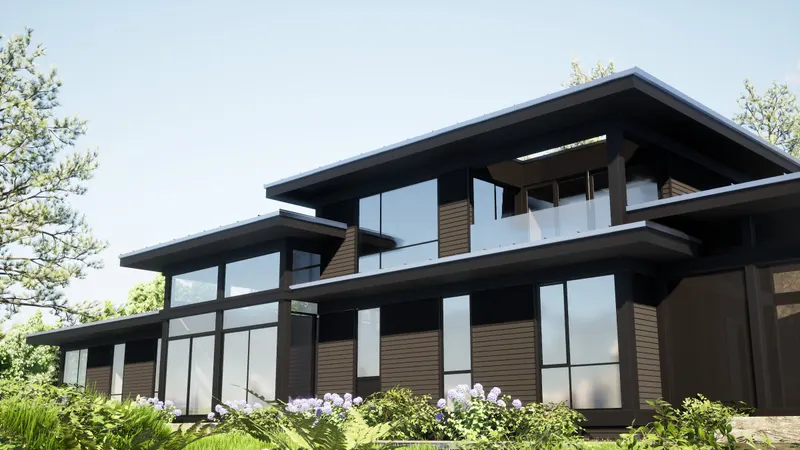 Deep roof overhangs and tall glazing beside a sheltered upper balcony.