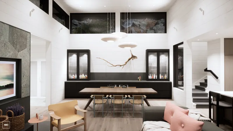 Timber dining table beneath disc pendants and a high clerestory window.